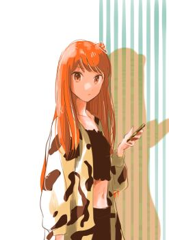1girl black_skirt black_tank_top cellphone closed_mouth highres hima-ten! holding holding_phone jacket long_hair looking_at_viewer navel orange_eyes orange_hair phone skirt smartphone solo stomach tank_top tono_kagetora unfinished upper_body very_long_hair white_background yellow_jacket yoshino_himari