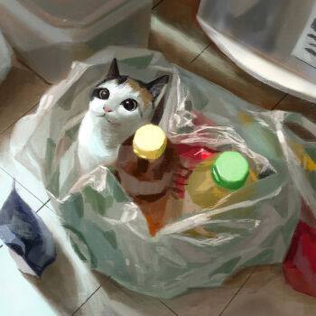 animal animal_focus bag bottle cat floor from_above grocery_bag highres in_bag in_container no_humans original painterly paul_rabaud photo-referenced shopping_bag yellow_eyes