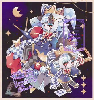 Rule 34 | 1girl, :3, animal ear fluff, animal ears, asymmetrical legwear, black background, black hair, black pantyhose, black shoes, blue hat, blunt bangs, blush stickers, border, cat ears, cat girl, checkered hat, checkered pantyhose, checkered sleeves, chibi, closed mouth, commentary request, commission, dated, full body, hand up, hat, jester cap, long sleeves, looking at viewer, mismatched legwear, mochimura sorata, multicolored hair, multiple views, open mouth, original, outline, pantyhose, purple shirt, purple shorts, red eyes, shirt, shoes, short hair, shorts, signature, skeb commission, sleeves past fingers, sleeves past wrists, standing, striped clothes, striped headwear, striped pantyhose, thank you, vertical-striped clothes, vertical-striped pantyhose, watermark, white border, white hair, white outline