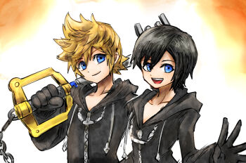 1boy 1girl black_coat black_coat_(kingdom_hearts) black_gloves black_hair blonde_hair blue_eyes chain closed_mouth coat collarbone commentary_request drawstring gloves holding holding_weapon hood hood_down hooded_coat keyblade kicdon kingdom_hearts kingdom_hearts_358/2_days kingdom_key long_sleeves open_mouth over_shoulder roxas short_hair smile spiked_hair teeth upper_body upper_teeth_only weapon weapon_over_shoulder xion_(kingdom_hearts) zipper