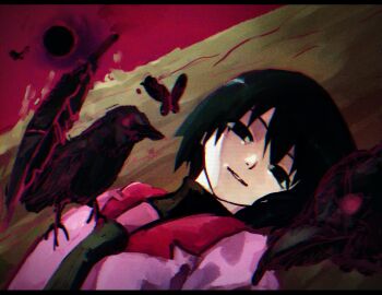 1girl absurdres animal animal_on_shoulder bird bird_on_shoulder black_bird black_border black_butterfly black_eyes black_feathers black_hair black_hole black_necktie black_shirt bob_cut border bug butterfly close-up collared_shirt commentary crow dress_shirt dutch_angle empty_eyes falling_feathers feathers flying hair_between_eyes highres insect letterboxed light_smile looking_to_the_side lying monogatari_(series) naoetsu_high_school_uniform narrowed_eyes necktie on_back on_ground oshino_ougi parted_lips pink_shirt portrait red_eyes red_sky red_trim romaji_commentary sanketsu_(user_zxmp2323) school_uniform shirt short_hair sky smile solo the_darkness_(monogatari) turning_head turtleneck