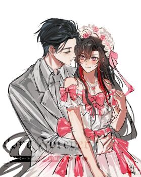 2boys alternate_costume alternate_hair_length alternate_hairstyle alternate_universe bare_shoulders black_hair blush bow closed_mouth collared_shirt commission contemporary couple crossdressing crossdressing_(mtf) dress eyelashes flower formal_clothes frilled_dress frilled_hairband frills grey_jacket grey_necktie hair_down hair_flower hair_ornament hair_ribbon hairband heyoubuyou highres hug hug_from_behind jacket jewelry lan_wangji long_hair looking_at_another male_focus modao_zushi multicolored_hair multiple_boys necklace necktie off-shoulder_dress off_shoulder pink_bow pink_dress pink_flower pink_ribbon purple_eyes red_hair ribbon second-party_source shirt short_hair simple_background sketch smile streaked_hair suit trap two-tone_hair watermark wedding_dress wei_wuxian white_background white_dress white_shirt yaoi yellow_eyes