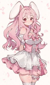Rule 34 | 1girl, :3, animal ears, blush, breasts, bunbbyart, cleavage, closed mouth, commentary, commission, cowboy shot, double-parted bangs, dress, english commentary, frilled thigh strap, highres, large breasts, long hair, looking at viewer, original, petals, pink dress, pink eyes, pink hair, pink petals, rabbit ears, rabbit girl, short sleeves, smile, solo, thigh strap, two-tone dress, white background, white dress