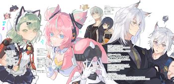 Rule 34 | 3boys, 3girls, absurdres, animal ear fluff, animal ear hairband, animal ears, aqua hair, aqua streaks, aria (zenless zone zero), bell, belle (zenless zone zero), black dress, black jacket, blue eyes, blue hair, blush, breasts, cat boy, cat ear hairband, cat ears, cissia (zenless zone zero), cleavage, closed mouth, colored tips, commentary request, covering own eyes, crossed bangs, detached collar, dress, earclip, fake animal ears, fingerless gloves, frilled dress, frills, ghost hair ornament, gloves, green eyes, green hair, grey hair, grey shirt, hair between eyes, hair ornament, hairband, highres, humanoid robot, jacket, letter hair ornament, long hair, looking at another, maid, maid headdress, multicolored hair, multiple boys, multiple girls, multiple hair clips, nangong yu, neck bell, necktie, official alternate costume, open mouth, pink gloves, pink hair, police, police badge, police uniform, policeman, red bag, robot, seth lowell, severian lowell, shirt, short hair, simple background, smile, sparkle, spoken squiggle, squiggle, sunna (afternoon tea break) (zenless zone zero), sunna (zenless zone zero), translation request, triangle hair ornament, unowen 0111, v, white background, white dress, white hair, white wings, winged bag, wings, wise (zenless zone zero), yellow eyes, yellow necktie, zenless zone zero