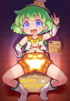 1girl bare_shoulders blue_eyes blush boots bow bowtie box cardboard_box character_request collared_shirt commentary_request copyright_request detached_sleeves fang flat_chest full_body green_hair halloween hand_up hat hat_bow hat_ribbon highres loli looking_at_viewer midriff mini_hat mini_witch_hat navel no_bra on_box open_clothes open_mouth open_shirt orange_bow orange_ribbon orange_shorts purple_hat ribbon sakurabe_notos shirt short_hair shorts sign sitting skin_fang sleeveless sleeveless_shirt smile solo spread_legs translation_request v white_boots white_shirt white_sleeves witch_hat yellow_bow yellow_bowtie