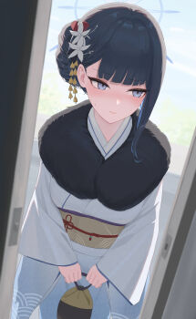 1girl absurdres alternate_costume alternate_hairstyle black_hair blue_archive blue_eyes blush breasts closed_mouth commentary_request flower furisode hair_flower hair_ornament halo hatsumoude highres japanese_clothes kimono long_hair long_sleeves new_year pige_pig saori_(blue_archive) sash solo