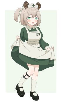 Rule 34 | 1girl, :d, absurdres, animal ears, anime coloring, apron, belt, blonde hair, blush, border, bow, breasts, commentary request, dress, full body, green background, green dress, green eyes, hat, highres, indie virtual youtuber, kneehighs, large breasts, long sleeves, looking at viewer, low block heels, mary janes, medium hair, name tag, nimi nightmare, nimi nightmare (1st costume), norigure18, nurse cap, one side up, open mouth, outside border, shoes, simple background, skirt hold, smile, socks, solo, standing, tapir ears, tapir girl, virtual youtuber, white apron, white border, white bow, white socks