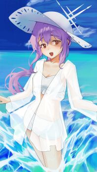 1girl absurdres atsuko_(blue_archive) atsuko_(swimsuit)_(blue_archive) bikini blue_archive blue_sky breasts cloud commentary cowboy_shot dress frilled_bikini frills hair_between_eyes halo hat highres long_hair looking_at_viewer ocean open_clothes open_dress open_hands open_mouth purple_hair raised_eyebrows red_eyes risuuuu see-through_clothes sky smile solo standing sun_hat swimsuit untranslatable_commentary waves white_bikini white_dress white_halo white_hat