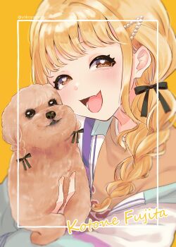 1girl absurdres animal black_bow blonde_hair blush bow braid brown_dog commentary dog fang fujita_kotone gakuen_idolmaster hair_bow highres holding holding_animal idolmaster jacket looking_at_viewer matching_hairstyle multicolored_jacket poodle shirt simple_background skin_fang smile solo twin_braids twitter_username upper_body yellow_eyes yellow_shirt yokoya_inori