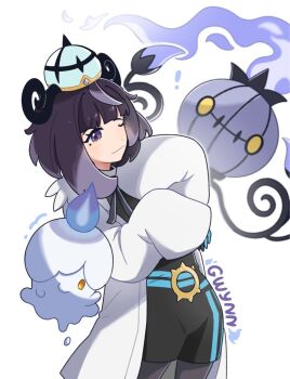 ! 1girl black_dress black_hair blue_gloves blunt_bangs candle chandelier chandelure closed_mouth coat dress fire gen_5_pokemon gloves gwynn_(pokemon) hat litwick long_sleeves ni12345670 nintendo one_eye_closed open_clothes open_coat pokemon pokemon_(creature) pokemon_legends:_z-a purple_eyes purple_hair short_hair smile white_background white_coat yellow_eyes