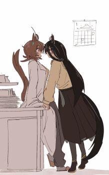 Rule 34 | 2girls, agnes tachyon (umamusume), animal ears, black pantyhose, black shoes, blush, brown hair, brown skirt, calendar (object), coat, commentary request, gachitamago, grey pants, hair ornament, highres, horse ears, horse girl, horse tail, lab coat, long hair, manhattan cafe (umamusume), multiple girls, open mouth, pants, pantyhose, shirt, shoes, simple background, skirt, slippers, sweat, tail, umamusume, white background, white coat, yellow shirt, yuri