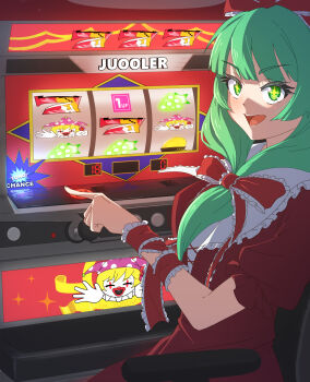 Rule 34 | 1girl, 1up, arm ribbon, chair, clownpiece, dress, frilled ribbon, frills, front ponytail, gambling, green eyes, green hair, hair ribbon, highres, junko (touhou), kagiyama hina, long hair, looking at another, on chair, open mouth, pointing, puffy short sleeves, puffy sleeves, red dress, red ribbon, ribbon, short sleeves, sitting, slot machine, smile, solo, tamahuku 0911, touhou, upper body