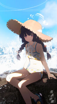 1girl absurdres bare_arms bare_shoulders bikini black_hair blue_archive bow braid closed_mouth crocs hair_ribbon hat highres leaf_print long_hair looking_at_viewer miyu_(blue_archive) miyu_(swimsuit)_(blue_archive) navel official_alternate_costume official_alternate_hairstyle red_eyes ribbon solo stomach straw_hat swimsuit twin_braids white_bikini white_bow white_ribbon xiao_sa_(hayatekkk)