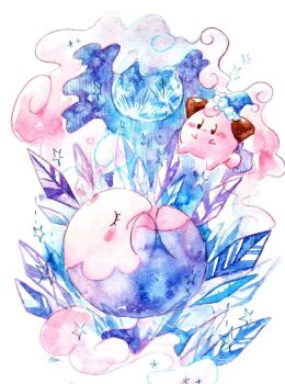 Rule 34 | blush stickers, cleffa, closed eyes, crystal, eyelashes, floating, full body, gen 2 pokemon, gen 5 pokemon, highres, musharna, nintendo, no humans, non (kumakawayusu), pokemon, pokemon (creature), simple background, smile, smoke, sparkle, white background