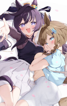 2girls animal_ears bag black_shirt blue_eyes blue_jacket blush breasts brown_hair brown_shirt cheval_grand_(umamusume) commentary_request ear_covers hair_between_eyes hair_ornament hairclip hat highres horse_ears horse_girl horse_tail jacket long_hair looking_at_viewer lying medium_breasts multicolored_hair multiple_girls open_mouth purple_eyes reaching reaching_towards_viewer saboten_mushi shirt shoulder_bag single_ear_cover skirt smile streaked_hair tail twintails umamusume vivlos_(umamusume) white_hair white_hat white_skirt