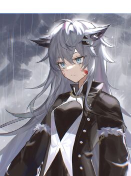 Rule 34 | 1girl, 2naom8q6gt87292, absurdres, animal ears, arknights, black jacket, blood, blood on face, blue eyes, buttons, closed mouth, commentary, grey hair, hair between eyes, hair ornament, hairclip, highres, jacket, lappland (arknights), lappland (refined horrormare) (arknights), long hair, long sleeves, looking ahead, official alternate costume, rain, scar, scar across eye, scar on face, serious, solo, unfinished, upper body, wolf ears, wolf girl