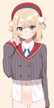 1girl arm_at_side bar_censor beret black_jacket blonde_hair blush buttons censored closed_mouth commentary_request cowboy_shot crop_top double-breasted frown fuji_yoshida green_eyes hair_ornament hair_rings hand_up hat highres indie_virtual_youtuber jacket long_sleeves navel pom_pom_(clothes) pom_pom_hair_ornament pussy red_hat shigure_ui_(vtuber) shirt short_hair simple_background sleeves_past_wrists solo virtual_youtuber white_shirt yellow_background