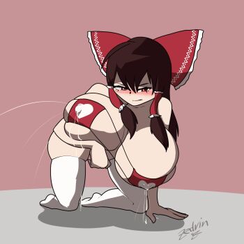 1girl all_fours animated animated_gif blush bow breasts brown_hair excessive_lactation female_focus full_body hair_bow hakurei_reimu highres huge_breasts lactation long_hair looking_at_viewer red_eyes solo thick_thighs thighhighs thighs touhou white_thighhighs zedrin