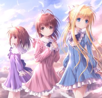 3girls absurdres air_(visual_novel) alternate_costume antenna_hair arms_at_sides backlighting bird black_bow black_bowtie blonde_hair blue_dress blue_eyes blue_sky blush bow bowtie brown_eyes brown_hair buttons clannad closed_mouth cloud collared_dress comiket_107 commentary_request company_connection cowboy_shot crossover day dress eyes_visible_through_hair frilled_dress frilled_sleeves frills furukawa_nagisa goto_p hair_between_eyes hair_ribbon hands_up highres juliet_sleeves kamio_misuzu kanon key_(company) long_hair long_sleeves looking_at_viewer looking_to_the_side medium_hair multiple_crossover multiple_girls official_art outdoors own_hands_together parted_lips pink_dress ponytail puffy_sleeves purple_dress red_eyes ribbon seagull short_dress short_hair sky smile striped_clothes striped_dress sunlight tsukimiya_ayu vertical-striped_clothes vertical-striped_dress very_long_hair white_ribbon