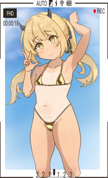 1girl arm_up armpits battery_indicator bikini black_horns black_ribbon blonde_hair blue_archive blush cameltoe closed_mouth collarbone cowboy_shot cropped_legs demon_girl demon_horns flat_chest gold_bikini groin hair_ribbon halo highleg horns ibuki_(blue_archive) loli long_hair looking_at_viewer micro_bikini navel one-piece_tan pointy_ears recording ribbon s714488 solo swimsuit tan tanline twintails v yellow_eyes yellow_halo