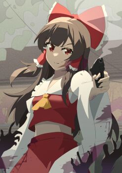 1girl absurdres ascot bite_mark bow brown_hair chinese_commentary closed_mouth commentary_request detached_sleeves frilled_bow frilled_hair_tubes frills gun hair_bow hair_tubes hakurei_reimu handgun highres holding holding_gun holding_weapon long_hair midriff people red_bow red_eyes red_skirt sdftehn skirt skirt_set smile smoke touhou weapon yellow_ascot zombie