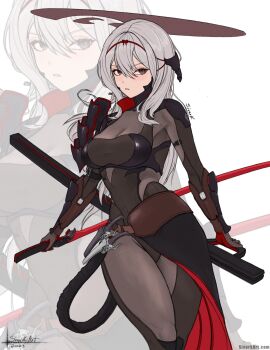 1girl armor artist_name black_bodysuit bodysuit breasts brown_eyes cleavage goddess_of_victory:_nikke grey_bodysuit grey_hair hair_between_eyes hair_ornament halo highres holding holding_behind_back holding_weapon holding_weapon_behind_back japanese_armor large_breasts long_hair medium_breasts official_alternate_costume scarlet_(nikke) see-through_cleavage see-through_clothes shoulder_armor sivarkart skin_tight sode solo sword thighs weapon zoom_layer