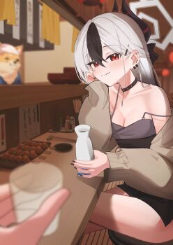 1boy 1girl absurdres black_choker black_hair black_nails blue_archive blush breasts brown_cardigan cardigan cardigan_partially_removed choker cleavage collarbone commentary_request cup demon_horns dog_boy earrings fingernails food grey_hair hair_between_eyes halo highres holding holding_cup horns indoors jewelry kayoko_(blue_archive) kayoko_(dress)_(blue_archive) looking_at_another looking_at_viewer multicolored_hair nail_polish official_alternate_costume on_stool pov pov_hands restaurant ryoya sensei_(blue_archive) sitting small_breasts smile solo_focus strap_slip thighs tokkuri two-tone_hair yakitori