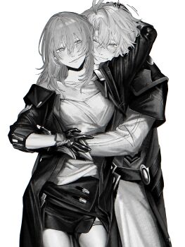 1boy 1girl ;) absurdres antenna_hair arm_on_another&#039;s_head arm_up armor blush breasts closed_mouth coat commentary couple cowboy_shot curtained_hair double-parted_bangs eye_contact front-to-back gloves greyscale hair_between_eyes hand_on_another&#039;s_head head_on_another&#039;s_shoulder headpat hetero highres honkai:_star_rail honkai_(series) hug hug_from_behind ieririr long_coat long_hair long_sleeves looking_at_another looking_to_the_side medium_breasts miniskirt monochrome motion_lines one_eye_closed open_clothes open_coat pauldrons pencil_skirt phainon_(honkai:_star_rail) shirt short_hair shoulder_armor side_slit simple_background skirt smile standing stelle_(honkai:_star_rail) thigh_strap three-quarter_sleeves trailblazer_(honkai:_star_rail) white_background