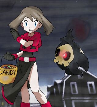 1girl absurdres amayzing2002 belt black_dress black_gloves blue_eyes brown_hair candy commentary cosplay dress duskull english_commentary food gen_3_pokemon ghost gloves halloween_bucket halloween_costume highres holding house may_(pokemon) night night_sky nintendo pokemon pokemon_(creature) red_eyes red_shirt red_shoes shirt shoes short_hair sky team_magma teeth trick_or_treat