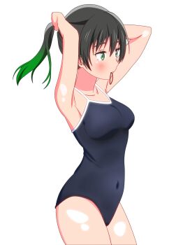 absurdres alternate_hairstyle armpits black_hair blue_one-piece_swimsuit blush breasts commentary_request competition_school_swimsuit covered_navel cowboy_shot gradient_hair green_eyes green_hair highres long_hair love_live! love_live!_nijigasaki_high_school_idol_club medium_breasts mouth_hold multicolored_hair one-piece_swimsuit ponytail presenting_armpit rubber_band school_swimsuit shinonome_sakura simple_background smile swimsuit takasaki_yu white_background
