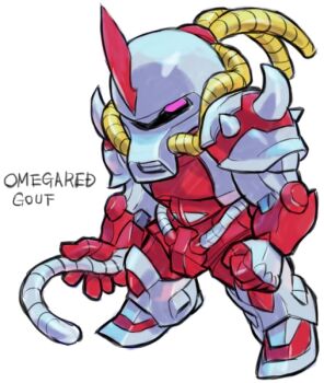 Rule 34 | aburaya tonbi, character name, chibi, full body, fusion, gouf, gundam, heat rod, horns, looking at viewer, marvel, mechanization, mobile suit gundam, omega red, one-eyed, pink eyes, simple background, single horn, solo, standing, tentacles, white background, x-men