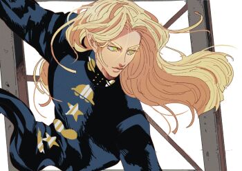 1boy black_jacket blonde_hair closed_mouth commentary_request diamond_wa_kudakenai eyelashes green_eyes hazekura_mikitaka jacket jojo_no_kimyou_na_bouken long_hair long_sleeves male_focus pointy_ears ringed_eyes simple_background solo tirauraja upper_body wind