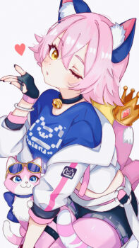 1girl animal_ear_fluff animal_ears bell black_choker black_gloves black_nails black_shorts blowing_kiss blue_shirt blush bracelet cat cat_ears cat_girl cat_tail catrin_glitch choker commentary crop_top dot_nose fingerless_gloves fortnite gloves hair_between_eyes heart highres hood hooded_track_jacket jacket jacket_partially_removed jewelry kurerin medium_hair midriff multiple_thigh_straps neck_bell one_eye_closed open_hand pantyhose parted_lips pink_cat pink_hair pink_pantyhose shirt shorts simple_background striped_tail tail thigh_strap track_jacket white_background white_jacket yellow_eyes