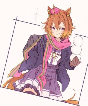 Rule 34 | 1girl, animal ears, bag, blue coat, blush, bow, bowtie, breasts, brown gloves, buttons, closed mouth, coat, commentary request, crown, domdam80, double-breasted, gloves, hair between eyes, hand in pocket, holding, holding snowball, horse ears, horse girl, horse tail, long sleeves, looking at viewer, mini crown, open clothes, open coat, orange hair, orange tail, pink crown, pink scarf, pleated skirt, purple eyes, purple sailor collar, purple serafuku, purple shirt, purple skirt, purple thighhighs, sailor collar, scarf, school bag, school uniform, serafuku, shirt, short hair, skirt, smile, snowball, solo, t.m. opera o (umamusume), tail, thighhighs, tracen school uniform, tracen winter coat, umamusume, white bow, white bowtie, winter clothes, winter coat, winter uniform