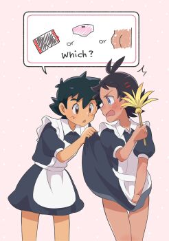 2boys apron ash_ketchum ass black_hair blue_eyes boxers clothes_lift commentary_request crossdressing crossdressing_(mtf) dark-skinned_male dark_skin dress dress_lift duster english_text feather_duster goh_(pokemon) highres kawachaneel108 maid male_focus male_maid male_underwear multiple_boys nintendo open_mouth panties pink_panties pokemon pokemon_(anime) pokemon_journeys short_hair short_sleeves shota simple_background spoken_object standing underwear yaoi