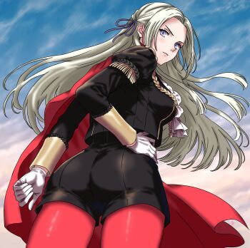 1girl ass breasts edelgard_von_hresvelg fire_emblem fire_emblem:_three_houses garreg_mach_monastery_uniform grey_hair looking_at_viewer looking_back medium_breasts nekomoni nintendo purple_eyes thighs