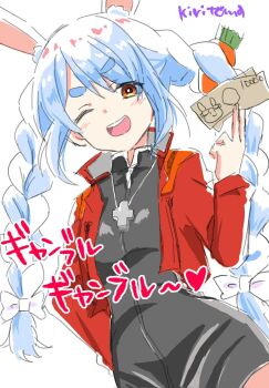 1girl ;d animal_ear_fluff animal_ears banknote between_fingers black_dress blush braid brown_eyes commentary_request cosplay cropped_jacket dress highres holding holding_money hololive jacket katsuragi_misato katsuragi_misato_(cosplay) kiritoma long_hair long_sleeves looking_at_viewer money neon_genesis_evangelion one_eye_closed open_clothes open_jacket open_mouth pekomon_(usada_pekora) rabbit-shaped_pupils rabbit_ears red_jacket short_eyebrows signature simple_background smile solo symbol-shaped_pupils thick_eyebrows translation_request twin_braids twintails usada_pekora very_long_hair virtual_youtuber white_background