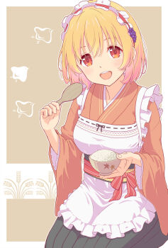 1girl aki_minoriko apron black_skirt blonde_hair bowl highres holding holding_bowl japanese_clothes kimono looking_at_viewer maid maid_headdress orange_kimono red_eyes short_hair skirt smile solo touhou wa_maid white_apron wide_sleeves yamaneko_(lige)