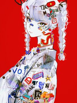 1girl bandaid bandaid_on_face bandaid_on_nose black_ribbon blue_eyes braid closed_mouth clothes_writing cross-shaped_pupils earrings english_text hair_ribbon highres instagram jacket jewelry john_kafka long_hair looking_at_viewer mismatched_pupils original red_background revision ribbon simple_background solo symbol-shaped_pupils tiktok twin_braids upper_body white_hair white_jacket youtube
