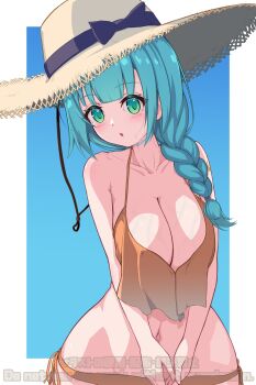 Rule 34 | 1girl, absurdres, aqua hair, assault lily, bikini, black bow, blue background, blunt bangs, blush, border, bow, braid, breasts, breasts squeezed together, closed mouth, collarbone, commentary request, cowboy shot, gradient background, green eyes, hair over shoulder, halterneck, hat, hat bow, highres, large breasts, long hair, looking at viewer, navel, orange bikini, outside border, parted lips, side-tie bikini bottom, side braid, single braid, solo, standing, stomach, straw hat, sun hat, swimsuit, tozaki moka, twitter username, ueharu, v arms, veins, veiny breasts, watermark, white border