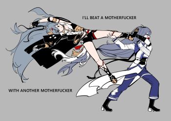 2girls absurdres black_gloves blue_eyes blue_pants boots chinese_clothes english_text fingerless_gloves fu_hua fu_hua_(azure_empyrea) fu_hua_(taixuan_impression) full_body gloves grey_background grey_hair hair_between_eyes herrscher_of_sentience high_heel_boots high_heels highres holding_another&#039;s_leg honkai_(series) honkai_impact_3rd jewelry long_hair looking_at_viewer multiple_girls muunchilde official_alternate_costume open_mouth pants simple_background standing sweat