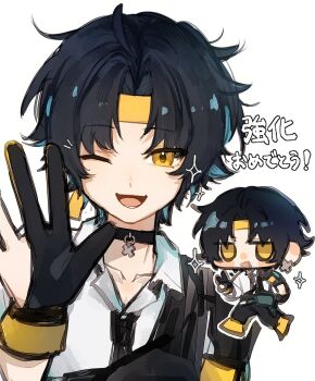 Rule 34 | 1boy, asaba harumasa, black choker, black hair, black necktie, chibi, choker, collarbone, commentary request, gloves, headband, highres, looking at viewer, male focus, nandaka 0103, necktie, one eye closed, open mouth, parted bangs, partially fingerless gloves, pendant choker, shirt, short hair, simple background, sparkle, translation request, waving, white background, white shirt, yellow eyes, yellow headband, zenless zone zero