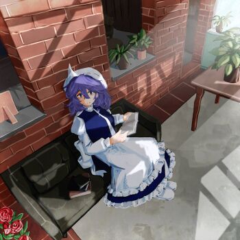 1girl absurdres book book_stack brick brick_wall commentary_request day flower hat highres holding holding_book indoors koyane_(silver81106) letty_whiterock medium_hair open_book picture_frame plant potted_plant red_flower shadow solo sunlight table tile_floor tiles touhou triangular_headpiece white_hat window_shadow
