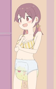 1girl absurdres aged_down blush bra breasts brown_eyes brown_hair diaper female_focus highres leaking_diaper looking_at_another medium_breasts medium_hair murosaki_miyo navel onii-chan_wa_oshimai! open_mouth pee peeing peeing_diaper peeing_self print_diaper pull-up_diaper solo standing steam u3042u3044u3046u3048u51a0 underwear wet wet_diaper