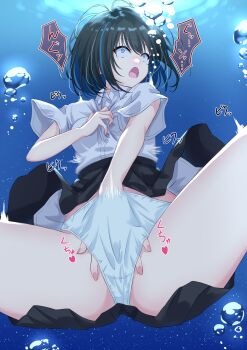 1girl air_bubble antenna_hair asphyxiation autoerotic_asphyxiation black_skirt blowing_bubbles blue_eyes blue_hair breasts bubble buttons check_translation chestnut_mouth collared_shirt dot_nose double-parted_bangs drowning empty_eyes female_masturbation from_below grabbing_own_breast hair_between_eyes highres imminent_orgasm masturbation masturbation_under_clothes minagi_kana_(minagi_yuhiro) minagi_yuhiro motion_lines nail_polish open_mouth original pink_nails pleated_skirt shirt short_hair short_sleeves sidelocks skirt solo spread_legs translation_request twitching underwater white_shirt wide_spread_legs