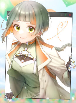 1girl absurdres after0217 black_gloves blunt_bangs braid breasts chis-a closed_mouth commentary_request earrings eyelashes fingerless_gloves fingernails glint gloves green_eyes grey_hair highres jacket jewelry long_hair multicolored_hair nail_polish open_clothes open_jacket orange_hair outline shirt signature single_braid smile solo two-tone_hair voisona white_jacket white_outline white_shirt window_(computing) yellow_nails