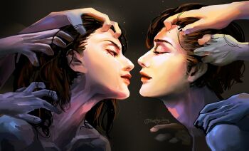 Rule 34 | 1boy, 1girl, black hair, black shirt, crying, crying with eyes open, facing another, from side, grabbing another's hair, hair slicked back, han sooyoung, hand on another's shoulder, hashtag-only commentary, highres, holding another's hair, kim dokja, long hair, mole, mole under eye, omniscient reader's viewpoint, shirt, smile, surrounded by hands, tears, too many hands, upper body, wei inn, wet, wet hair