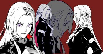 1girl cape edelgard_von_hresvelg fire_emblem fire_emblem:_three_houses hair_ribbon highres long_hair looking_at_viewer multiple_views nintendo purple_eyes red_cape ribbon teote white_hair