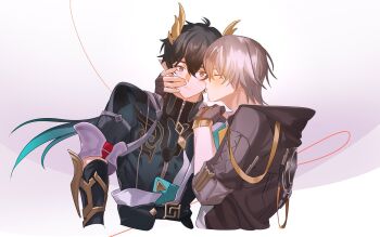 2boys belt black_belt black_coat black_gloves black_hair black_shirt blue_hair blush brown_eyes caelus_(honkai:_star_rail) chinese_clothes closed_eyes closed_mouth coat commentary_request dan_heng_(honkai:_star_rail) dan_heng_(permansor_terrae)_(honkai:_star_rail) dragon_boy dragon_horns fingerless_gloves floating_hair gauntlets gloves gradient_hair grey_hair hair_between_eyes hand_on_another&#039;s_face hand_on_another&#039;s_shoulder hands_up highres honkai:_star_rail honkai_(series) hood hooded_coat horns kiss kissing_cheek long_hair long_sleeves looking_afar low_ponytail male_focus multicolored_hair multiple_boys noname_el51 official_alternate_costume official_alternate_hairstyle pointy_ears ponytail shirt short_hair simple_background single_gauntlet thread trailblazer_(honkai:_star_rail) upper_body white_background white_coat yaoi yellow_pupils zipper