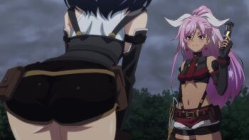 2girls animated anime_screenshot ass ass_focus black_gloves black_hair black_shorts brown_shorts dark-skinned_female dark_skin elbow_gloves fingerless_gloves from_behind gloves highres huge_ass liz_smart long_hair medium_hair multiple_girls nageki_no_bourei_wa_intaishitai navel pink_hair romper shirt shorts sound stomach tagme thighs tino_shade video white_shirt wide_hips